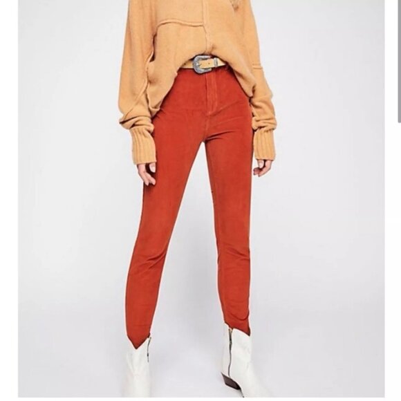 We The Free Skinny Fit Corduroy Pants High Rise Frayed Hem in Chestnut Brown - Picture 1 of 13